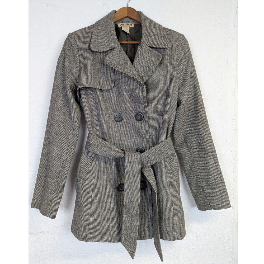 Vtg Doki Geki Tweed Trench Coat Brown Double Breasted Academia Womens Medium